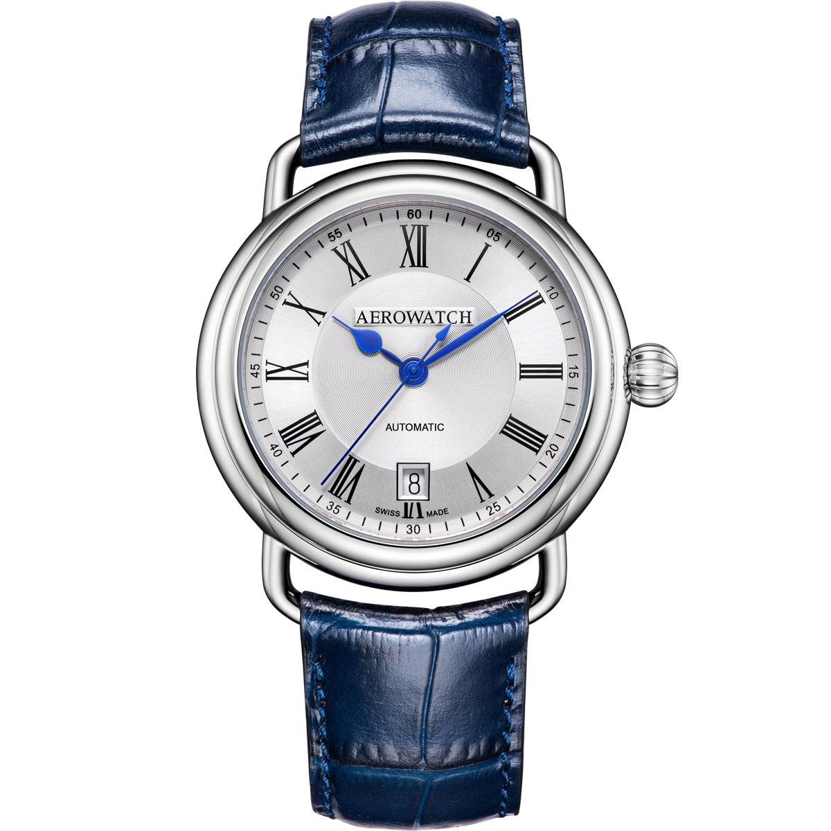 Stylish Aerowatch 1942 Automatic features a silver dial and blue leather strap, perfect for any occasion.