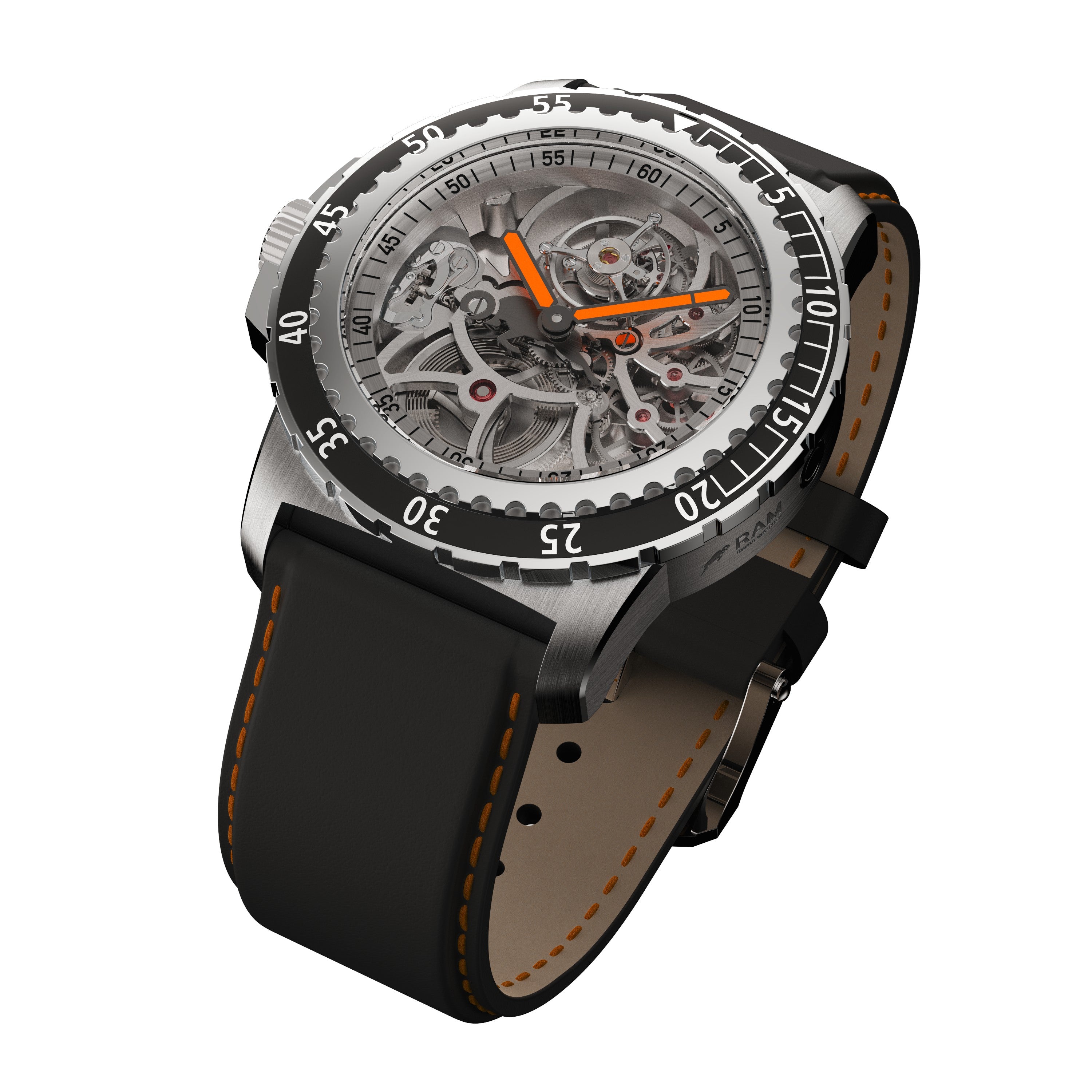 RAM Baran Tourbillon R201TS3/1 Swiss watch right side angle view showing palladium coated case, crown detail with ram logo, and black leather strap