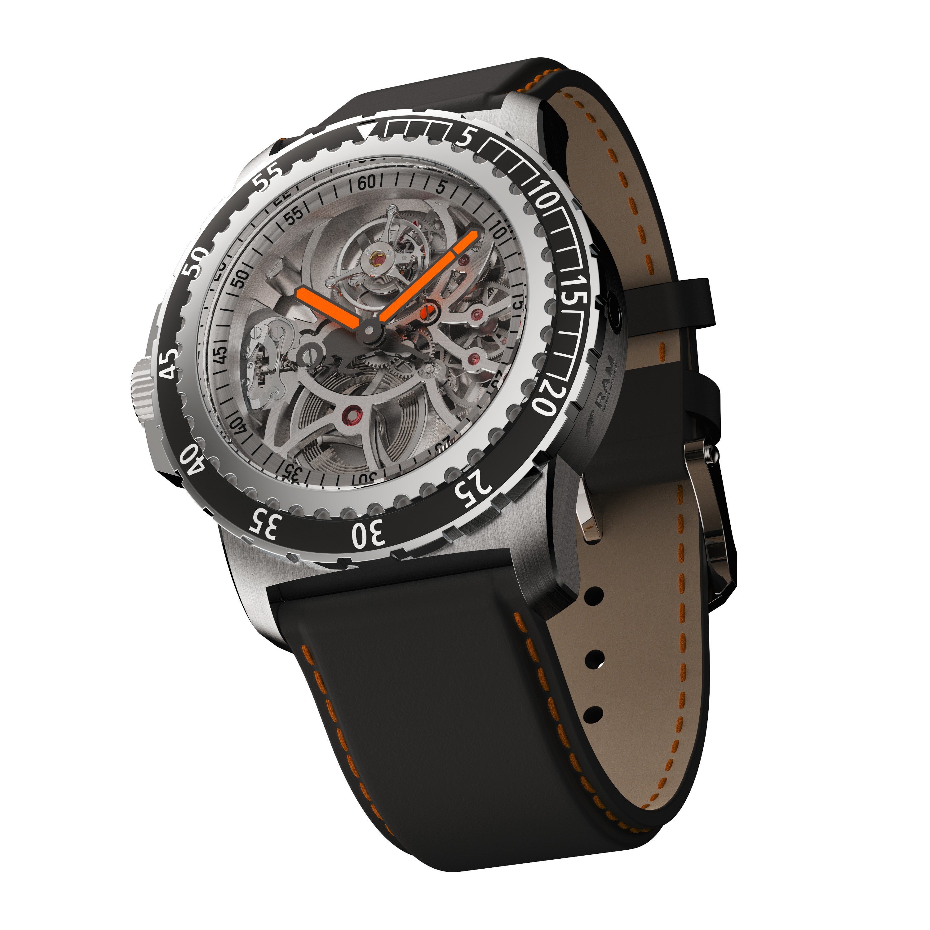 RAM Baran Tourbillon R201TS3/1 Swiss watch left side angle view displaying case profile, bezel edge, and integrated strap attachment