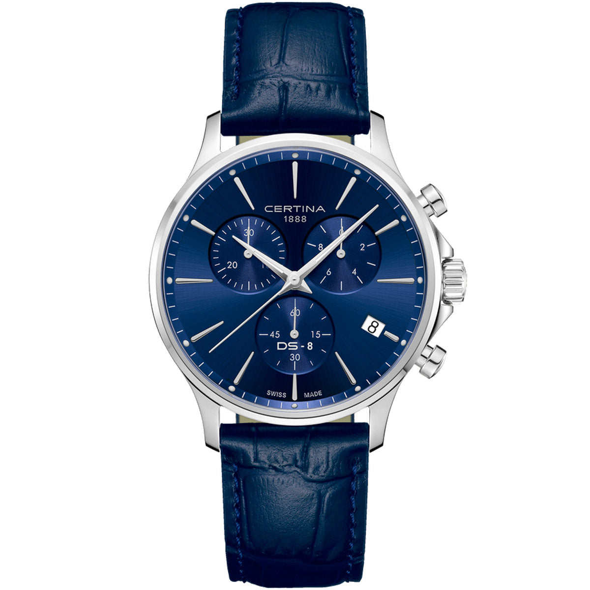 Certina DS-8 Chrono with blue dial and leather strap - front view