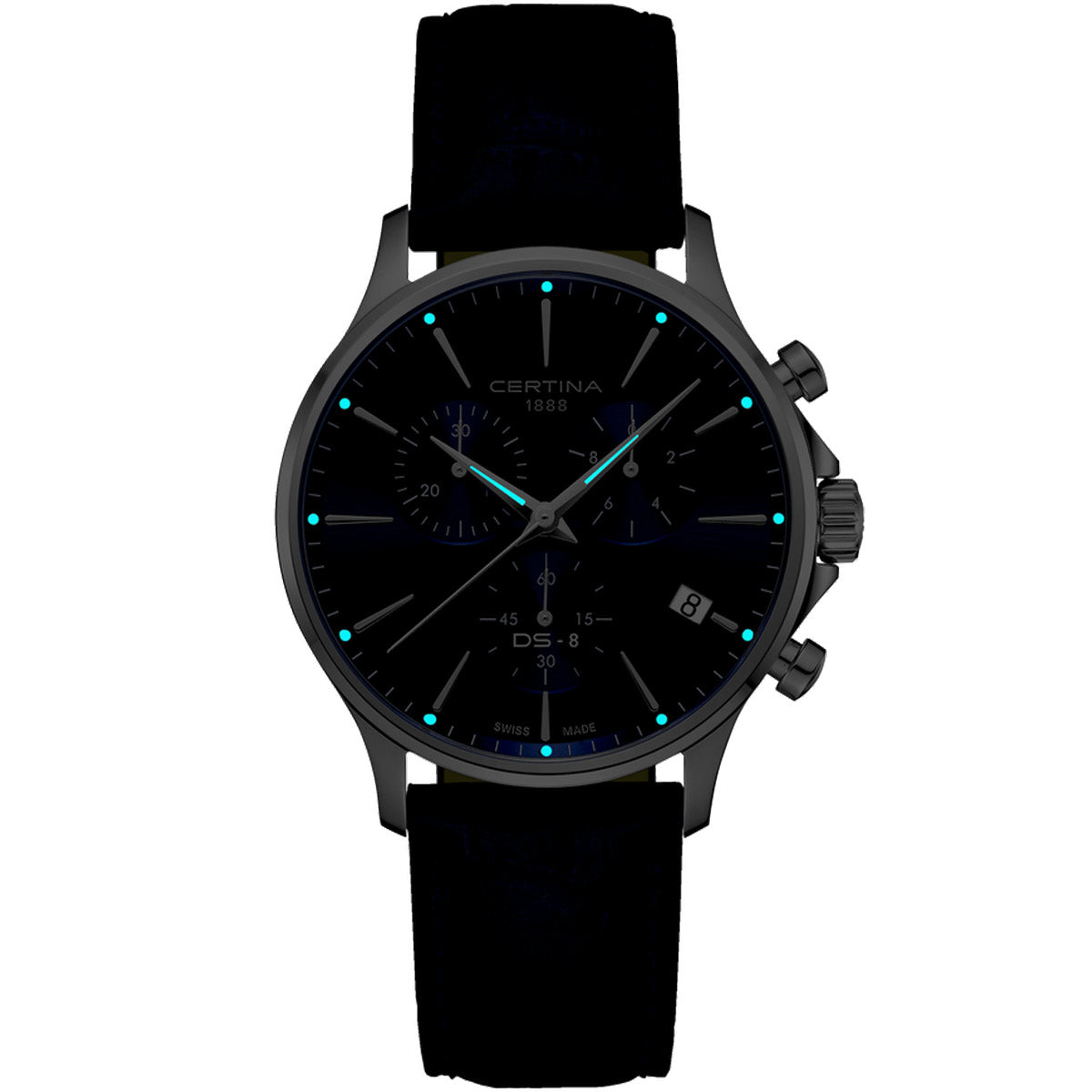 Certina DS-8 Chrono blue dial with luminous markers in low light