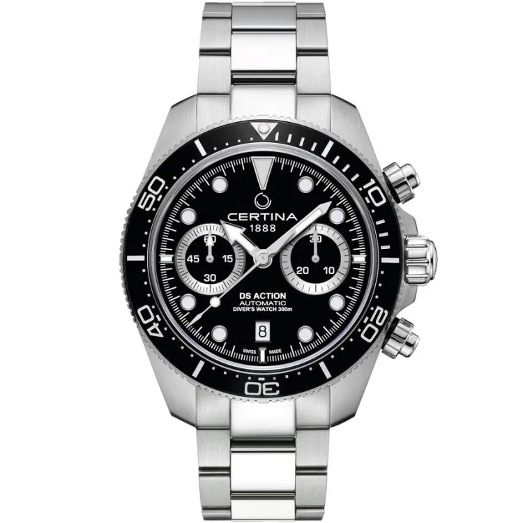 Front view of the Certina DS Action Diver Chrono featuring a black dial with 'Certina 1888' below the 12 o’clock position and 'DS Action Automatic Diver’s Watch 300m' above the 6 o’clock marker. The stainless steel case has a unidirectional ceramic bezel with a 60-minute scale. The dial includes two chronograph subdials at 9 and 3 o’clock, a date window at 6 o’clock, and silver-tone hands with Super-LumiNova coating. Round hour markers are also coated in Super-LumiNova for visibility.