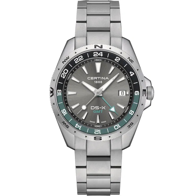 Certina DS-X GMT C047.452.11.081.00 with grey dial, turquoise and black bezel, Certina 1888 logo, DS-X GMT text, turquoise GMT hand, date at 3, Swiss Made, stainless steel bracelet