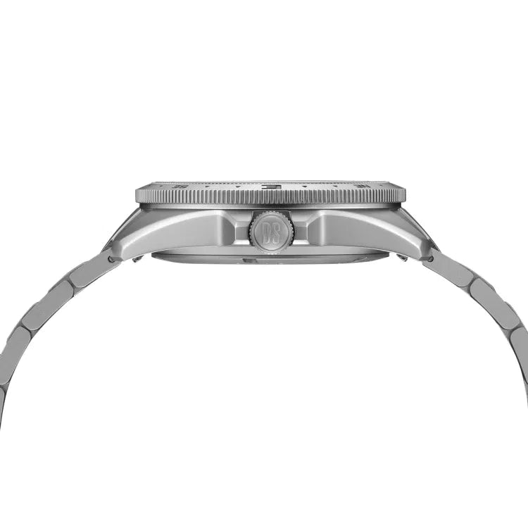 Side view of Certina DS-X GMT C047.452.11.081.01 showing stainless steel case, fluted bezel, crown with DS logo, and metal bracelet