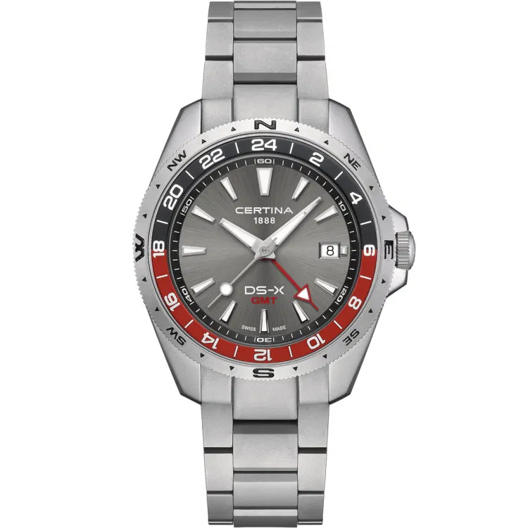Certina DS-X GMT C047.452.11.081.01 with grey brushed dial, Certina 1888 logo at 12, red GMT hand, DS-X GMT text at 6, date at 3, Swiss Made marking, stainless steel bracelet