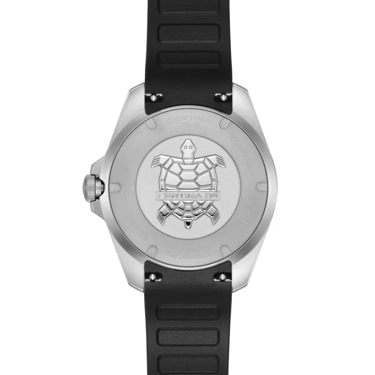 Caseback of Certina DS-X GMT C047.452.17.081.01 with turtle emblem, Certina DS engraving, and black rubber strap