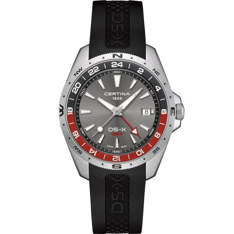 Certina DS-X GMT C047.452.17.081.01 with grey dial, red GMT hand, Certina 1888 logo, DS-X GMT text, Swiss Made, black rubber strap, red-black bezel