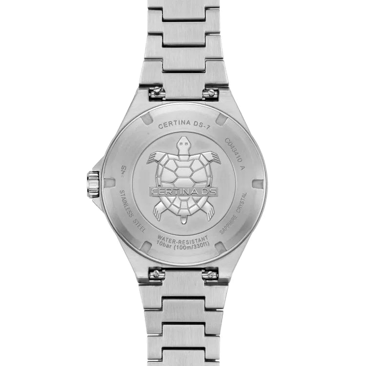 The Certina DS-7 Quartz watch (C043.410.11.091.00) displayed from the back, showcasing the solid stainless steel case back with the embossed Certina turtle emblem, a symbol of durability. Engraved details include the model name "Certina DS-7," reference number "C043.410 A," and key specifications such as "Stainless Steel," "Sapphire Crystal," and "Water-Resistant 10 bar (100m/330ft)." The brushed-finish stainless steel bracelet seamlessly integrates with the case, featuring a secure link design. The ridged