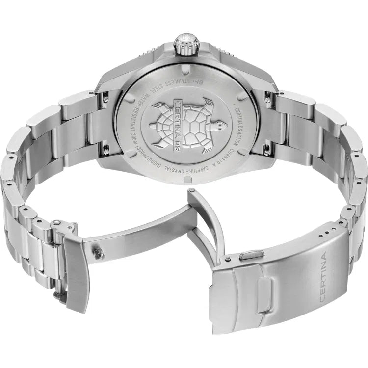 Side view of the Certina DS Action 40mm, highlighting the stainless steel bracelet with a folding clasp engraved with the Certina logo. The case back features the iconic turtle emblem, along with engravings indicating 300m water resistance, sapphire crystal, and stainless steel construction. A screw-down crown enhances durability, while the partially visible unidirectional bezel adds to its dive-ready design.