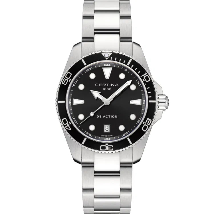 Front view of the Certina DS Action 40mm, showing a black dial with white luminous hour markers and hands. The "Certina 1888" logo is below 12 o’clock, with "DS Action" above 6 o’clock and "Swiss Made" at the bottom. A date window is positioned at 6 o’clock. The unidirectional bezel has a dive scale, and the screw-down crown is on the right. The stainless steel bracelet has a brushed and polished finish.
