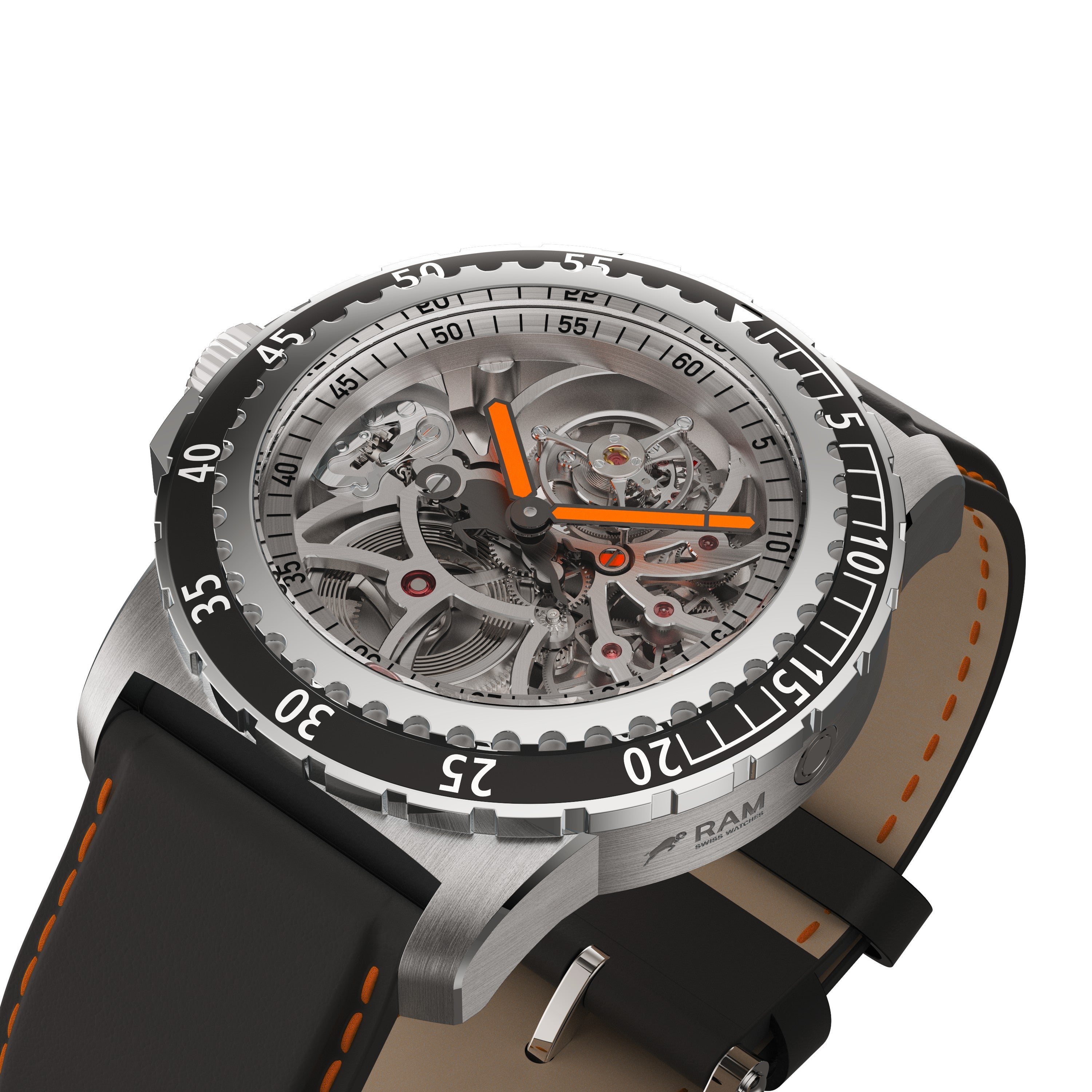 RAM Baran Tourbillon swiss watch R201TS3/1 angled view showing open-worked mechanical movement and leather strap