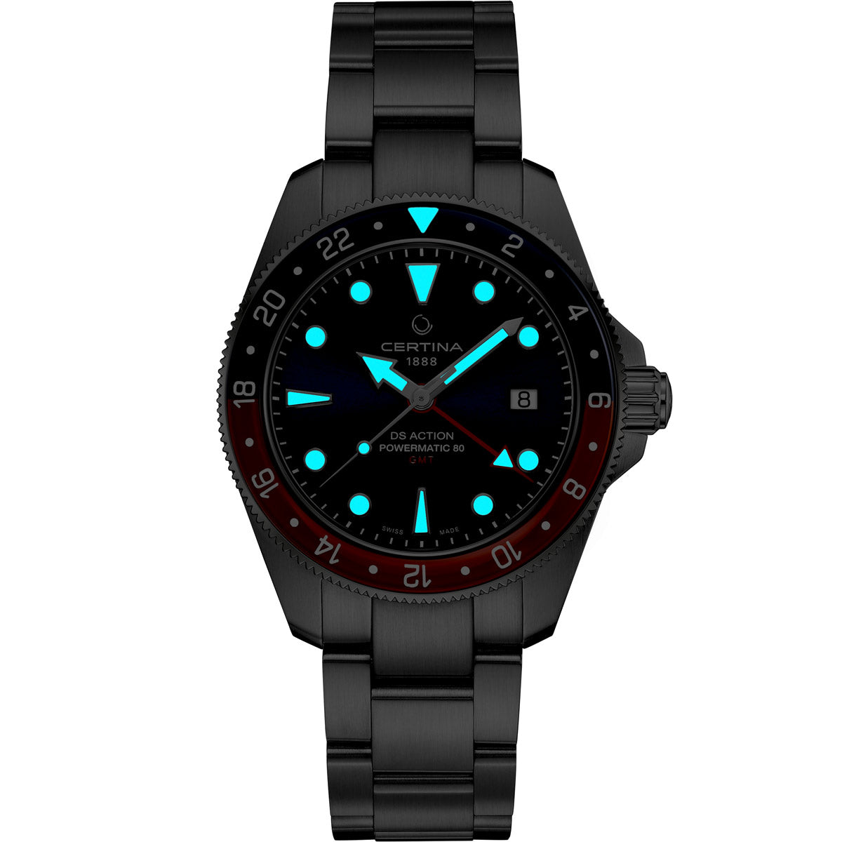 Certina with glowing blue hands and hour markers, dark brushed dial, red GMT hand, stainless steel bracelet