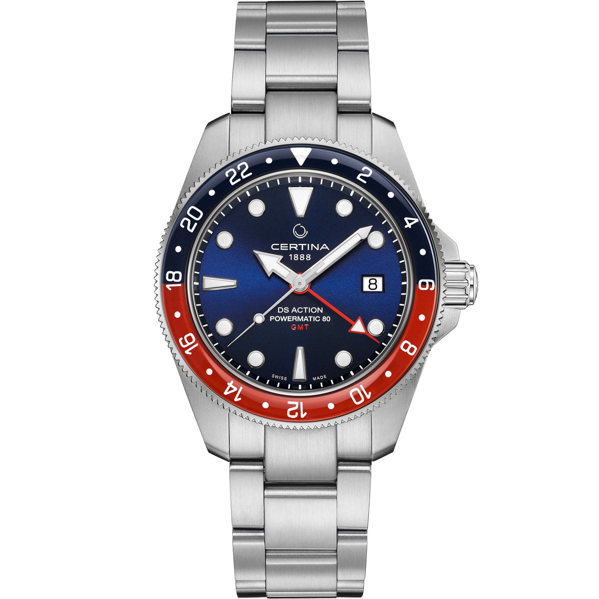 A Certina DS Action GMT Powermatic 80 watch with a stainless steel bracelet, a blue dial with red accents, and a date display.