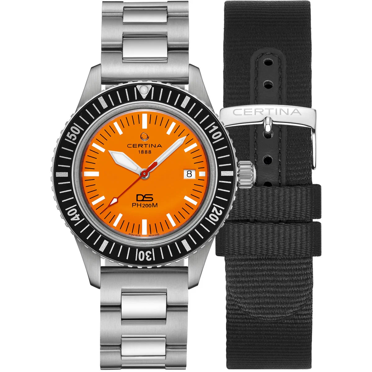 Certina DS PH200M Powermatic 80 Luxoia Special Edition — orange dial with black bezel, shown with both straps