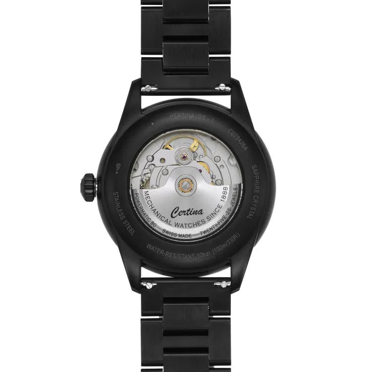 Transparent case back of Certina DS-1 showing Powermatic 80, ‘TWENTY-FIVE 25 JEWELS’ and ‘Mechanical Watches Since 1888’ engravings.