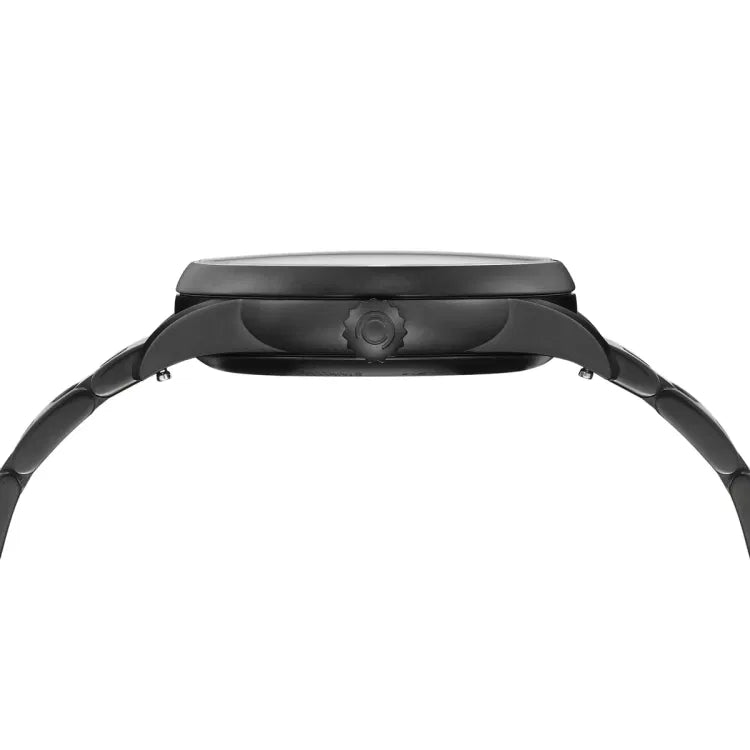 Side view of Certina DS-1 Big Date Powermatic 80 with black PVD-coated case and crown, highlighting the slim 11.9 mm profile and curved lugs.