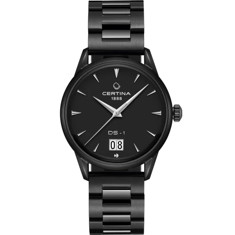 Certina DS-1 Big Date watch with black dial, full PVD-coated case and bracelet, featuring large date at 6 o'clock.”