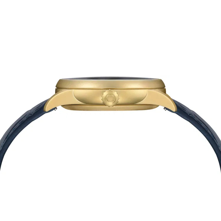 Side view of the Certina DS-1 Big Date Powermatic 80 watch showing the gold-tone PVD-coated stainless steel case and the engraved Certina logo on the crown. The blue leather strap is visible on both sides, emphasizing the watch’s slim profile and curved lugs.