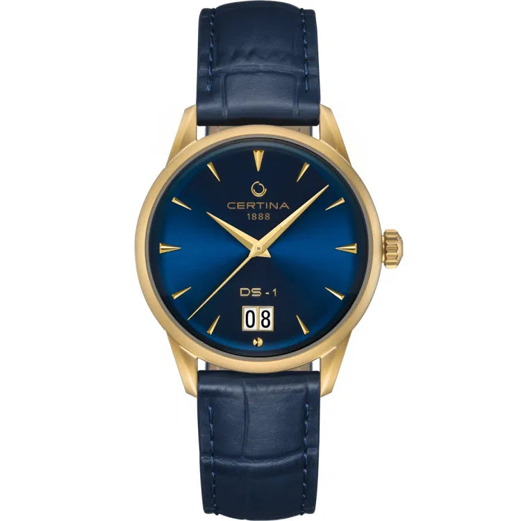 Certina DS-1 Big Date Powermatic 80 watch featuring a blue sunburst dial, gold-tone PVD-coated stainless steel case, and blue leather strap. The dial includes gold indices, gold dauphine hands, the text "CERTINA 1888" and "DS-1", and a large double-digit date window at 6 o’clock displaying "08". A fluted gold-tone crown is visible on the right side of the case.