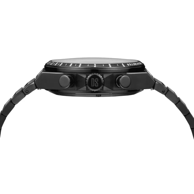 Side view of Certina DS-7 Chrono Auto showing black PVD-coated titanium case, two pushers, and crown engraved with “DS”. Sapphire crystal with raised profile is visible from this angle.