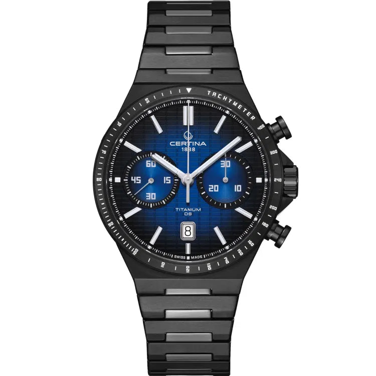 Front view of the Certina DS-7 Chrono Auto C043.427.44.041.00 with blue gradient dial, white indices, three sub-dials, date window at 6 o'clock, labeled "TITANIUM DS", housed in a black PVD-coated titanium case with tachymeter bezel and black titanium bracelet.
