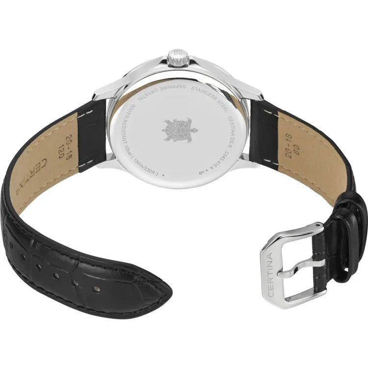 rear angled view of certina ds-8 gent quartz watch c045.410.16.032.00 showing engraved caseback with turtle emblem, 10 bar water resistance, and black leather strap with stainless steel certina buckle