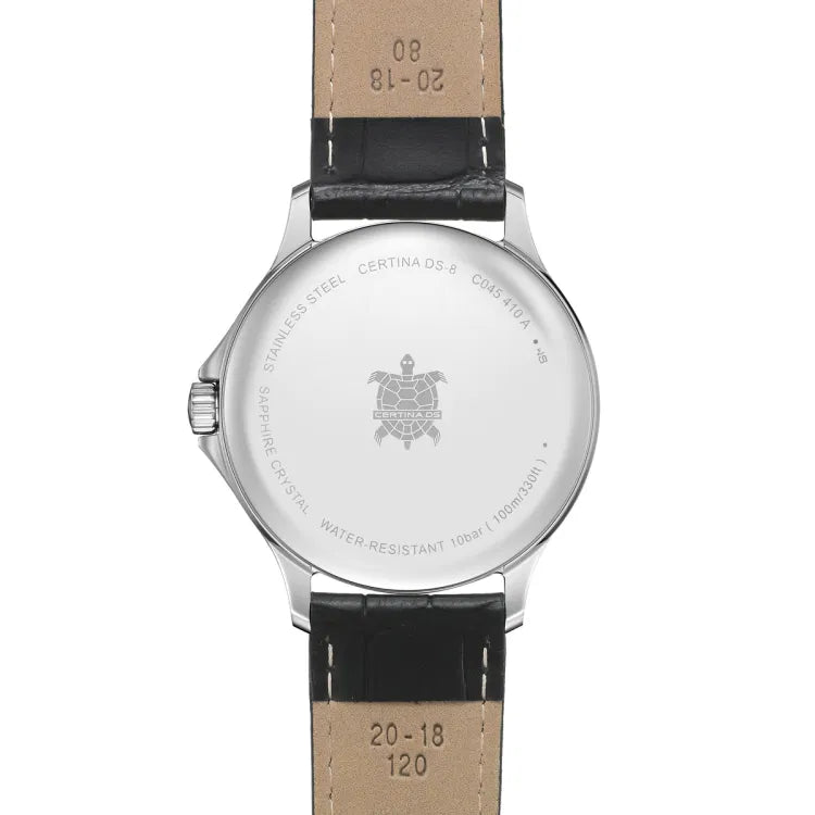 caseback of certina ds-8 gent men’s watch reference c045.410.16.032.00 with turtle emblem, engraved stainless steel, sapphire crystal, 10 bar water resistance, black leather strap with 20–18 mm taper