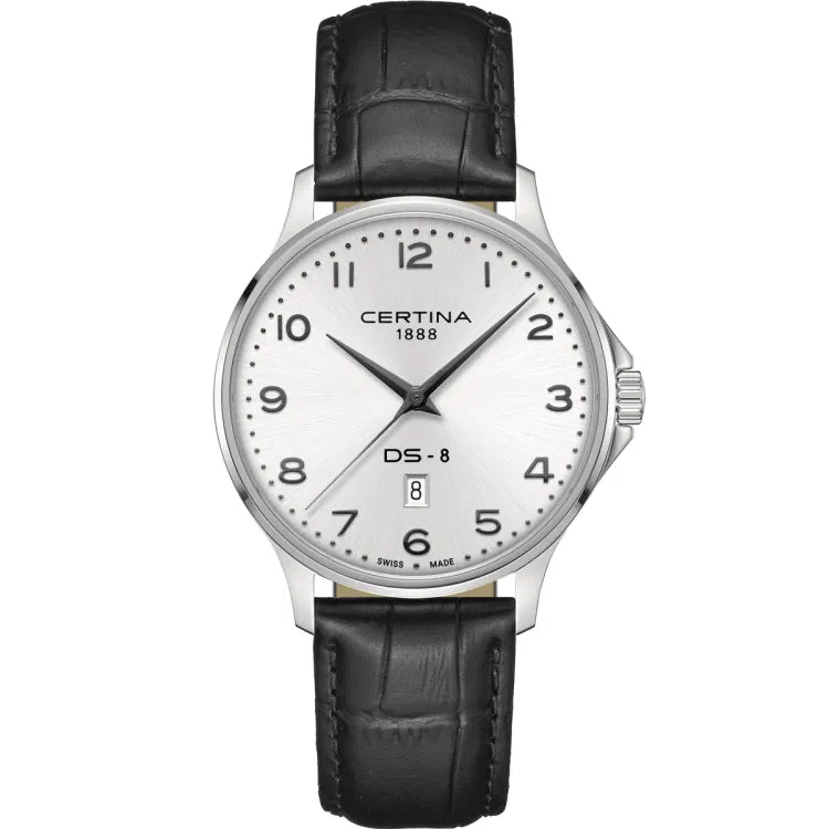certina ds-8 gent men’s watch with certina 1888 logo, ds-8 label, swiss made text on silver dial, arabic numerals, date display at 6 o’clock, black leather strap