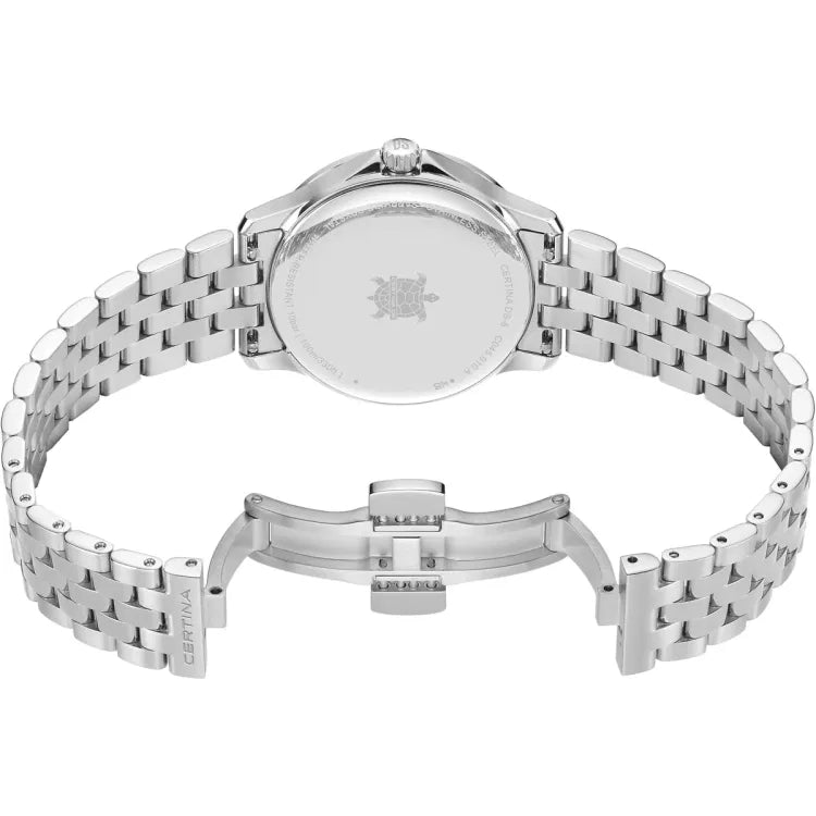Rear view of the Certina DS-8 Lady C045.010.11.032.00 with stainless steel butterfly clasp open, engraved caseback featuring turtle logo, and 10 bar water resistance marking.
