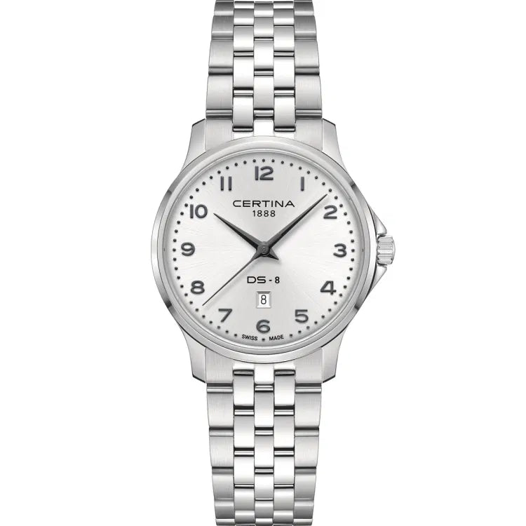 Certina DS-8 Lady C045.010.11.032.00 Swiss quartz women’s watch with silver dial, Arabic numerals, date window, stainless steel bracelet, and Certina 1888 and Swiss Made on the dial
