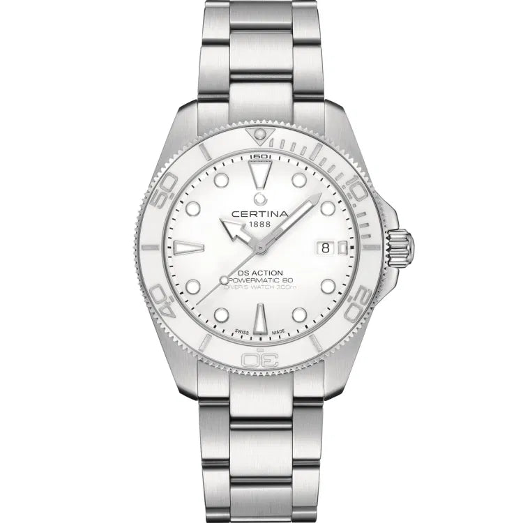 Front view of the Certina DS Action Diver 40.5mm watch with a white dial, stainless steel case and bracelet, and a white ceramic bezel with engraved dive markings. The dial features silver-tone hands and round indices with Super-LumiNova®, and inscriptions including “CERTINA 1888,” “DS ACTION,” “POWERMATIC 80,” and “DIVER’S WATCH 300m.” A date window is positioned at 3 o’clock.
