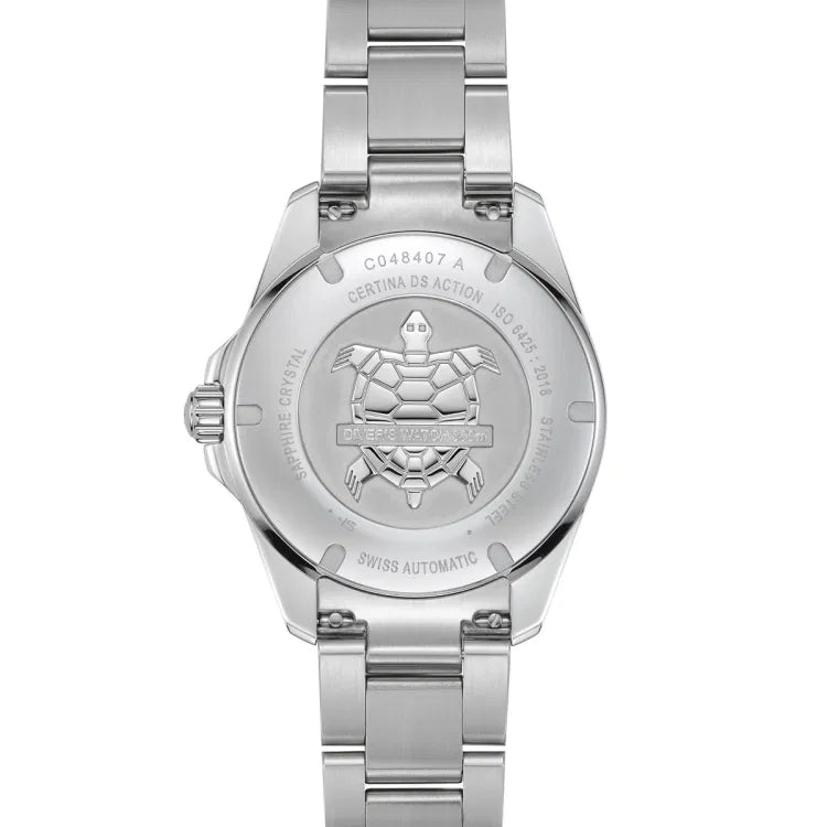 Back view of the Certina DS Action Diver 40.5mm watch with a stainless steel case and bracelet. The screw-down case back is engraved with a turtle emblem and the text “DIVER’S WATCH 300m.” Surrounding engravings include “C048407 A,” “CERTINA DS ACTION,” “ISO 6425:2018,” “SAPPHIRE CRYSTAL,” “STAINLESS STEEL,” and “SWISS AUTOMATIC.”