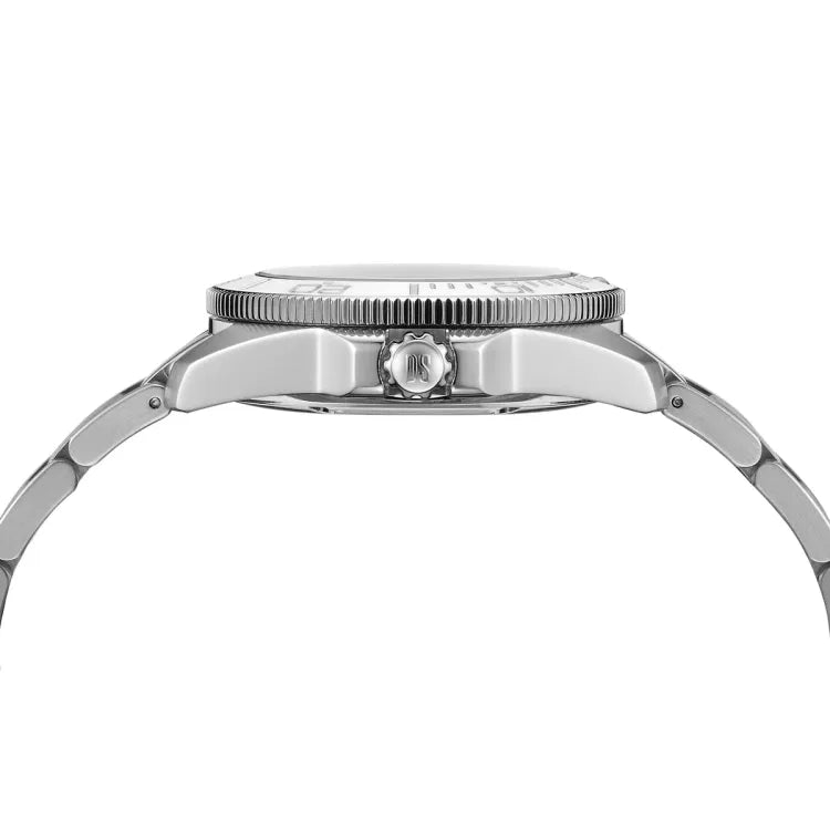 Side view of the Certina DS Action Diver 40.5mm watch with a stainless steel case and bracelet. The white ceramic bezel is slightly raised above the brushed case, and the screw-down crown is engraved with the "DS" logo. The watch’s thickness and curved lugs are clearly visible.