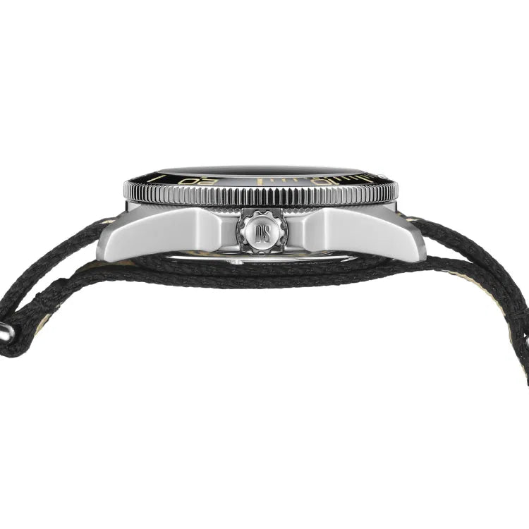 Side view of the Certina DS Action Diver 40.5mm watch showing the brushed stainless steel case, black ceramic bezel with gold markings, and screw-down crown engraved with “DS.” The black synthetic NATO strap is looped through the lugs, and the case thickness is clearly visible.