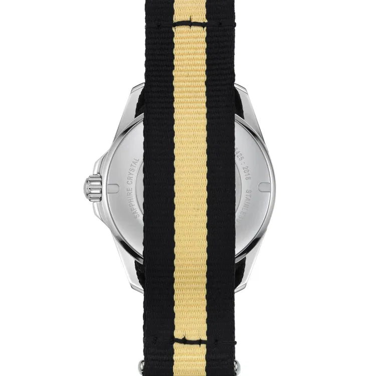 Back view of the Certina DS Action Diver 40.5mm watch partially covered by a black and beige NATO strap. The stainless steel case back is only partially visible, with faint engravings including “SAPPHIRE CRYSTAL” and “STAINLESS STEEL.” The screw-down crown is also visible on the left side.