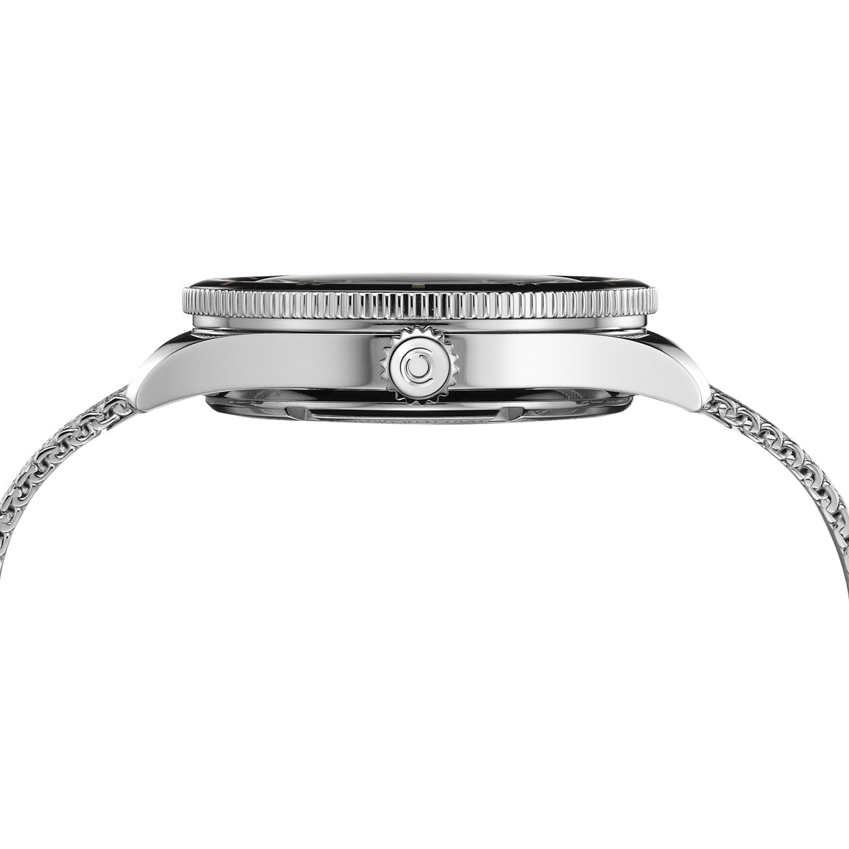 Side view of Certina DS PH200M with stainless steel case, textured crown with Certina logo, and flat sapphire crystal.