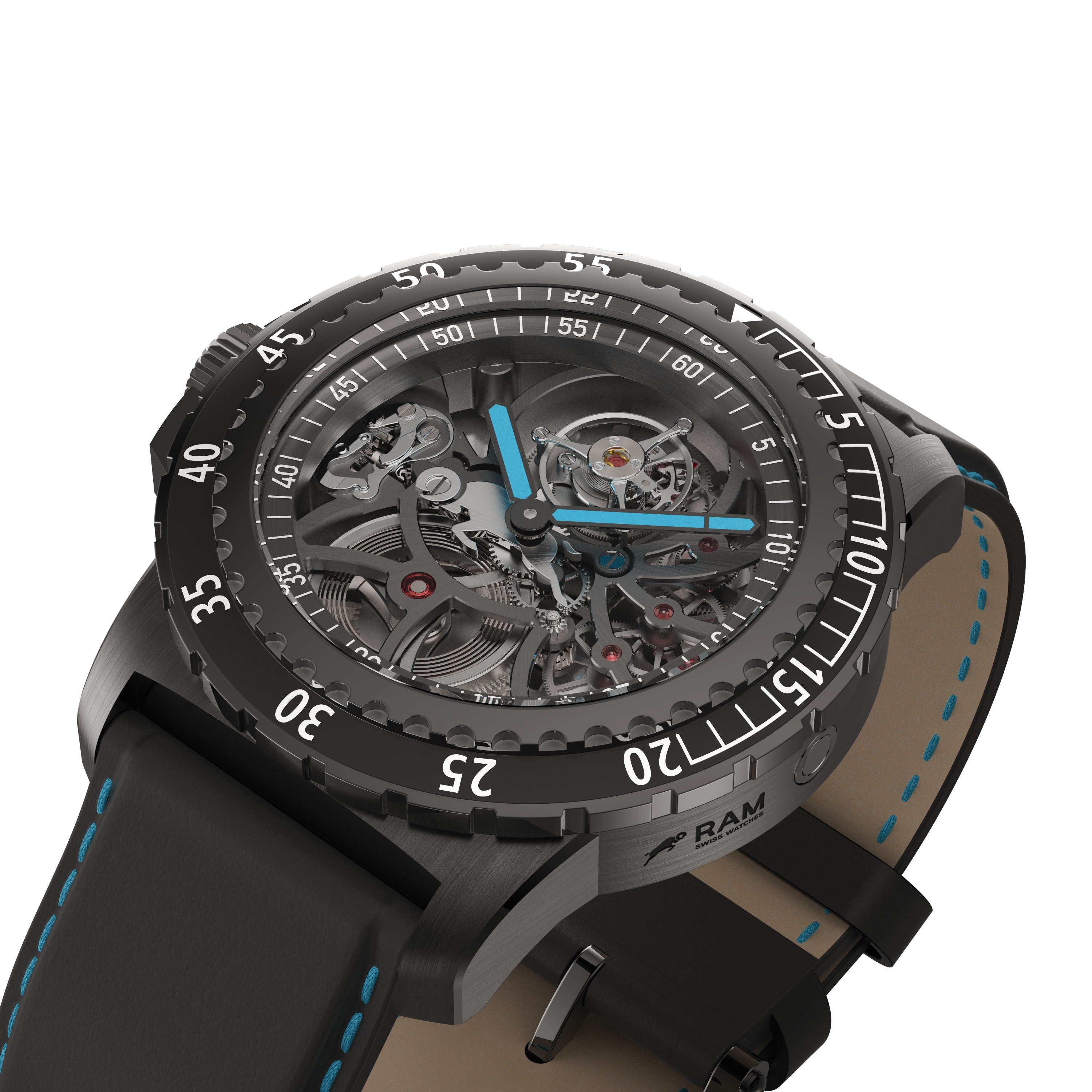 RAM Baran Tourbillon R201TS4/1 Swiss watch angled front view showing skeletonized tourbillon dial, luminous hands, unidirectional bezel, and leather strap with buckle