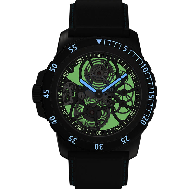 RAM Baran Tourbillon R201TS4/1 Swiss skeleton watch featuring a black case, blue luminous hands, skeletonized dial with green background, black bezel with blue numerals, and black leather strap with blue stitching