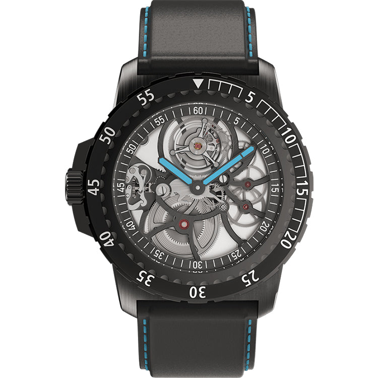 RAM Baran Tourbillon R201TS4/1 Swiss skeleton tourbillon watch with black case, unidirectional bezel, sapphire crystal, open-worked mechanical movement, luminous blue hands, and black leather strap with blue stitching