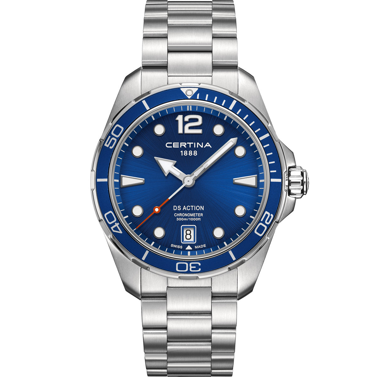 Certina DS Action watch model C032.451.11.057.00, featuring a sleek stainless steel case and bracelet, vibrant blue dial with luminous hour markers, and a date window at the 6 o'clock position. A robust and stylish dive watch with a unidirectional bezel and water resistance up to 300 meters