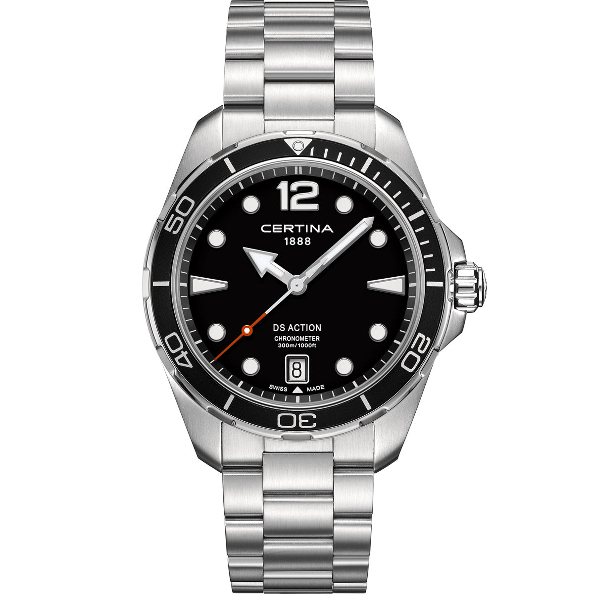 Certina DS Action watch model C032.451.11.057.00, featuring a sleek stainless steel case and bracelet, black dial with luminous hour markers, and a date window at the 6 o'clock position. A robust and stylish dive watch with a unidirectional bezel and water resistance up to 300 meters