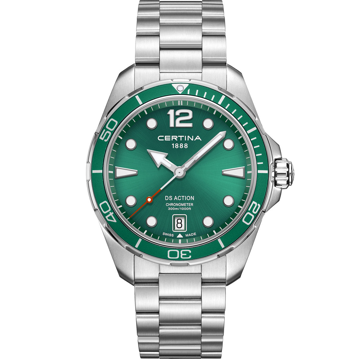Certina DS Action watch model C032.451.11.057.00, featuring a sleek stainless steel case and bracelet, green sunray dial with luminous hour markers, and a date window at the 6 o'clock position. A robust and stylish dive watch with a unidirectional bezel and water resistance up to 300 meters.