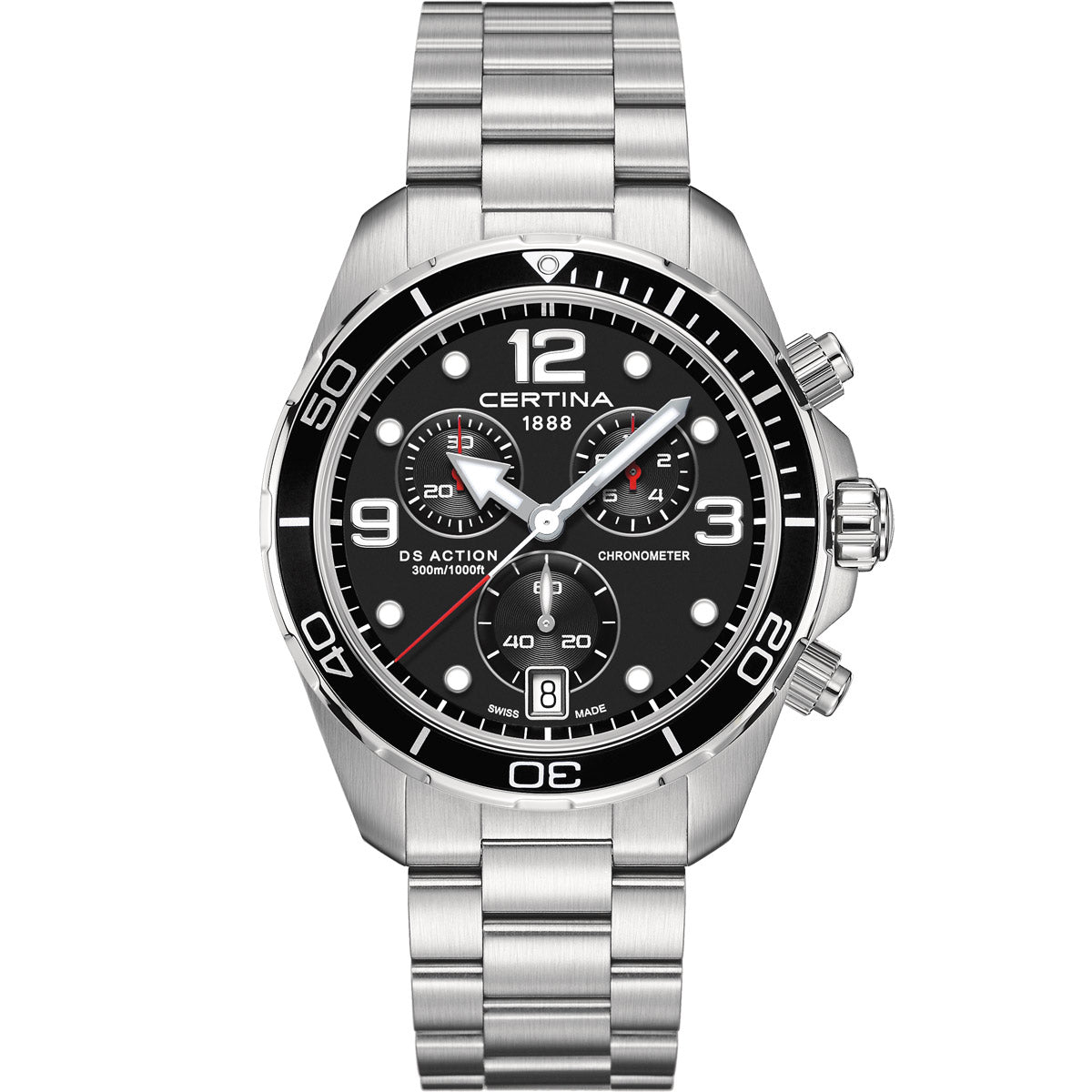 Certina DS Action Chronograph C032.434.11.057.00, a stainless steel dive watch with a black dial, Super-LumiNova-coated hands and indices, and a unidirectional rotating bezel. Features a quartz chronograph movement with precise stopwatch functionality, water resistance up to 300 meters (30 bar), and Certina’s DS (Double Security) system for enhanced durability and protection. Ideal for both diving and sports enthusiasts.