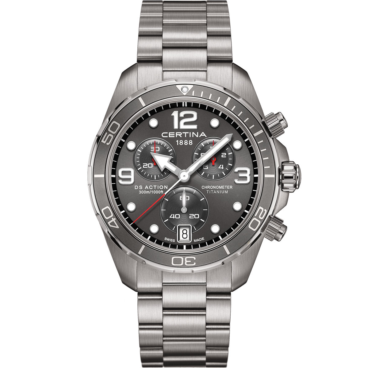 Certina DS Action Chronograph C032.434.11.047.00, a stainless steel dive watch with a sleek anthracite dial, Super-LumiNova-coated hands and indices, and a unidirectional rotating bezel. Features a quartz chronograph movement with precise stopwatch functionality, water resistance up to 300 meters (30 bar), and Certina’s DS (Double Security) system for enhanced durability and protection. Ideal for both diving and sports enthusiasts
