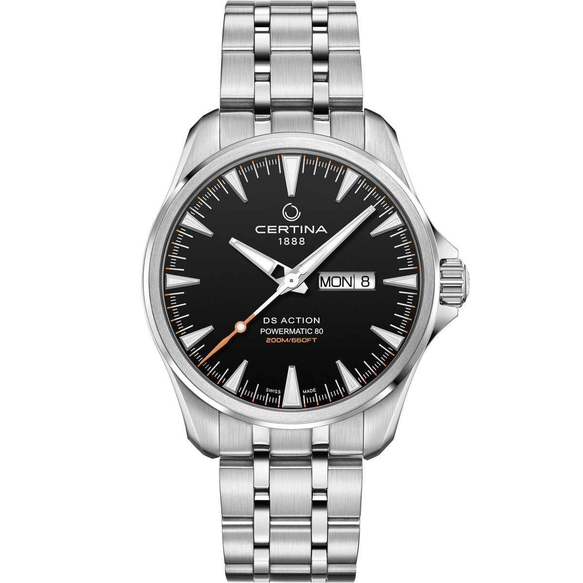 Men's Certina DS Action Day-Date Powermatic 80 watch, featuring a stainless steel case and stainless steel bracelet, a black dial with day and date displays at 3 o'cklock, and automatic Powermatic 80 movement with an 80-hour power reserve. Water-resistant up to 200 meters (20 bar) and equipped with Certina’s DS (Double Security) system for durability and reliability. A versatile timepiece for everyday and adventure wear.