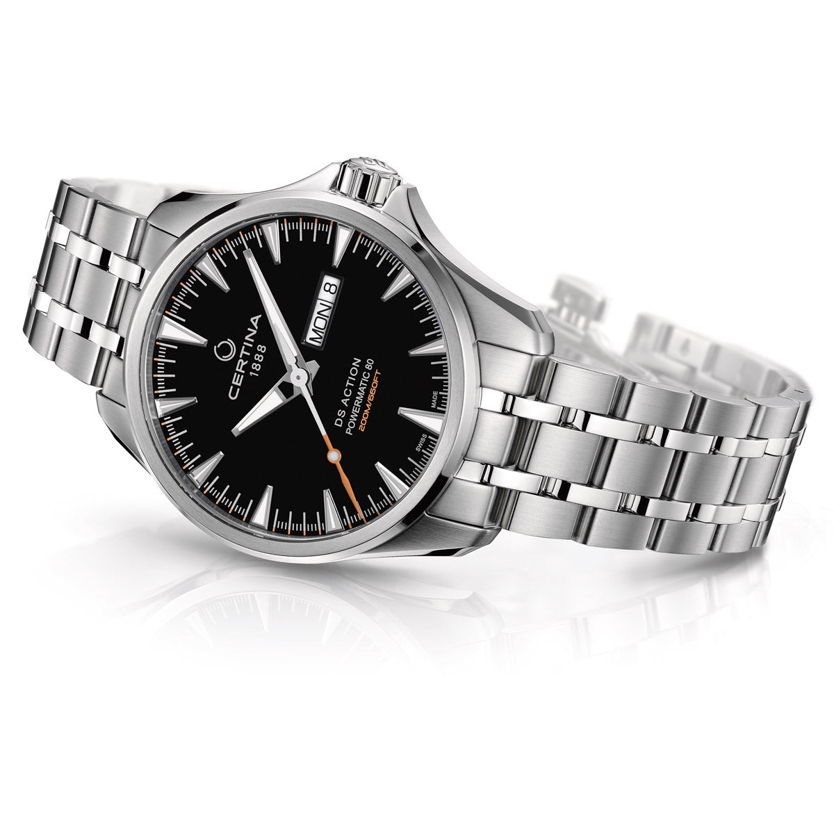 Men's Certina DS Action Day-Date Powermatic 80 watch laying on its side, showcasing the stainless steel case profile, polished edges, and stainless steel bracelet. The sleek dial with day and date windows is visible, along with the side view of the crown. A stylish and durable timepiece with an automatic movement and water resistance up to 200 meters (20 bar)