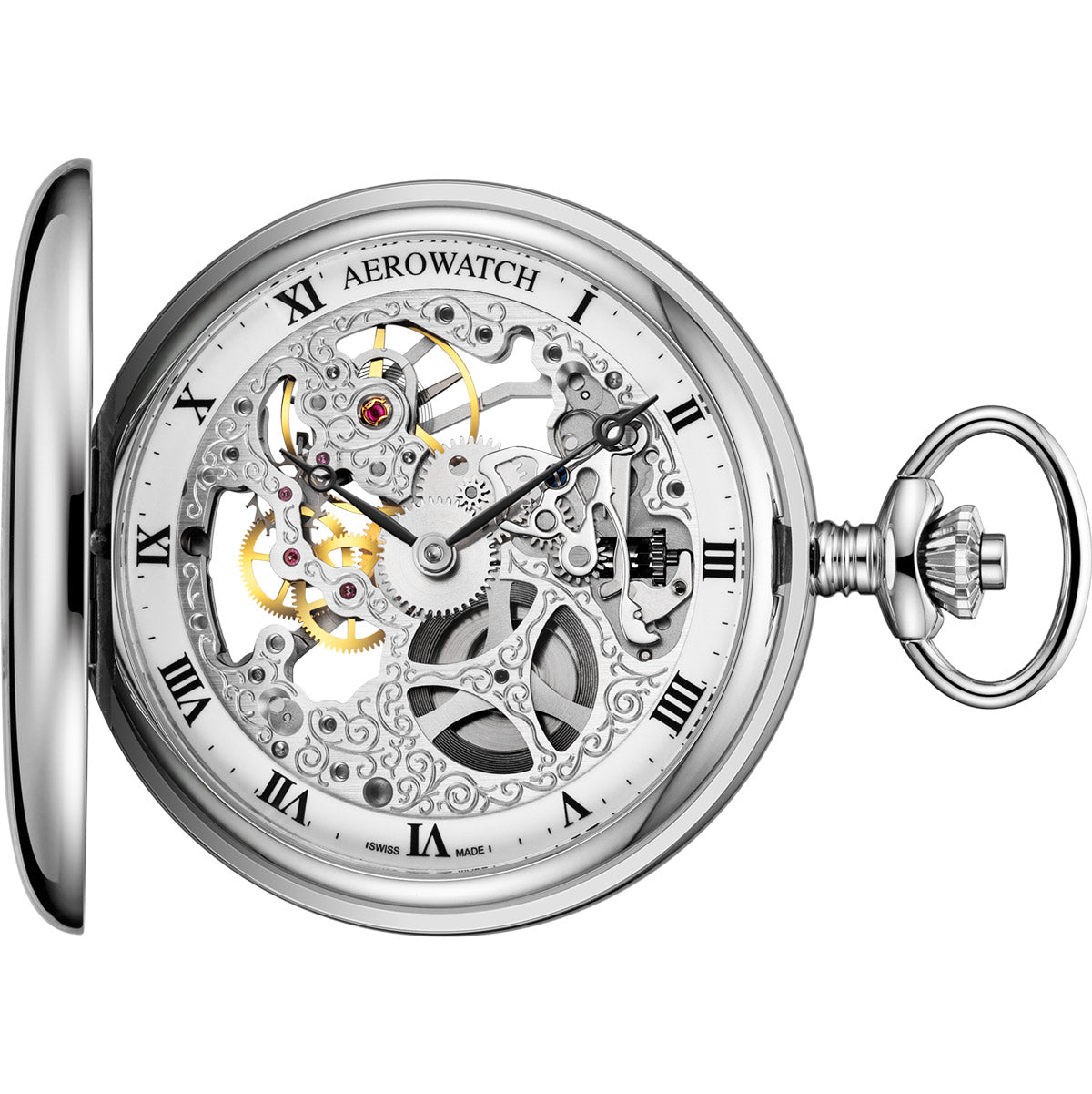 Aerowatch Savonnettes Skeleton 53mm pocket watch with white skeleton dial showing ETA 6497-1 movement