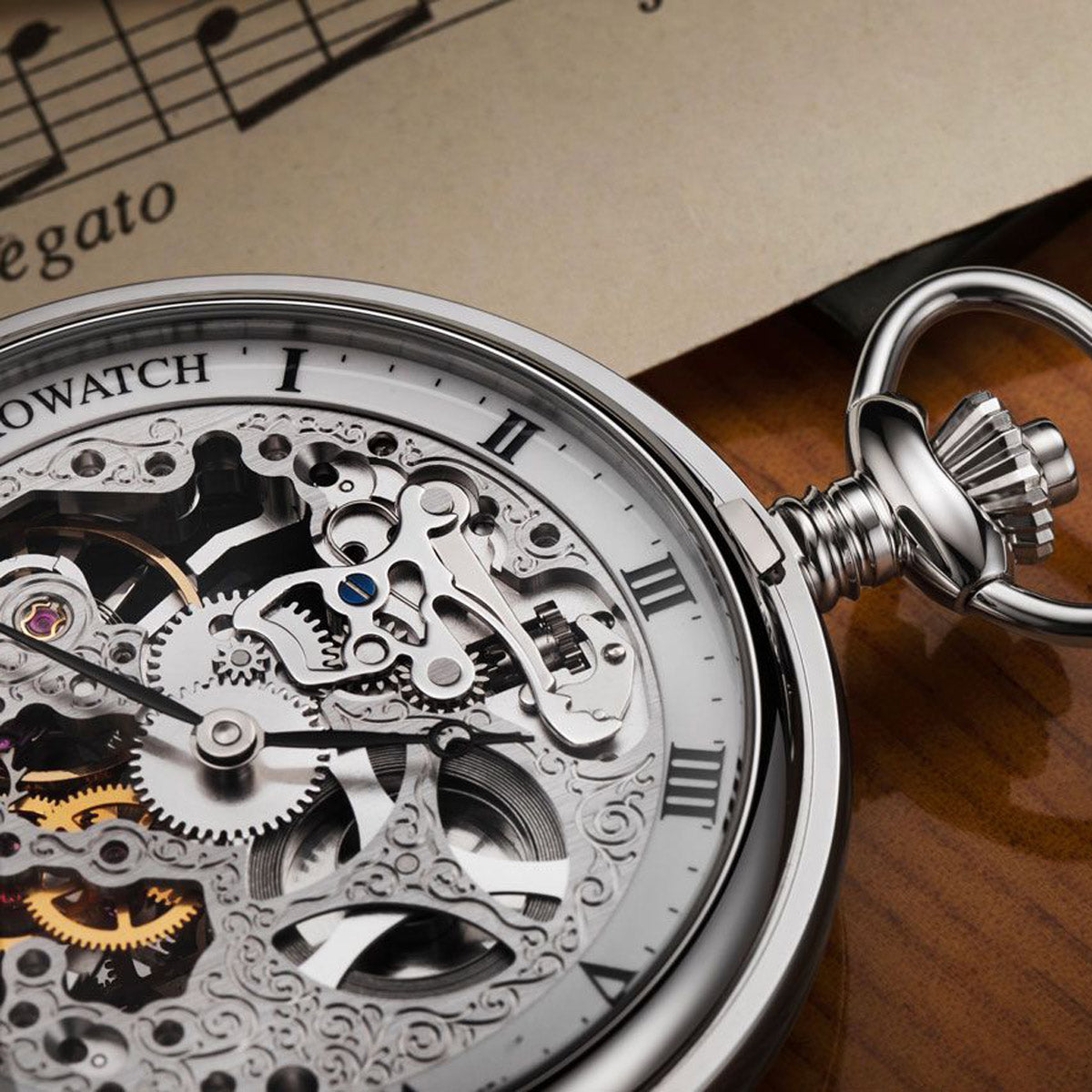 Aerowatch Savonnettes Skeleton manual winding crown detail with PVD coated stainless steel case