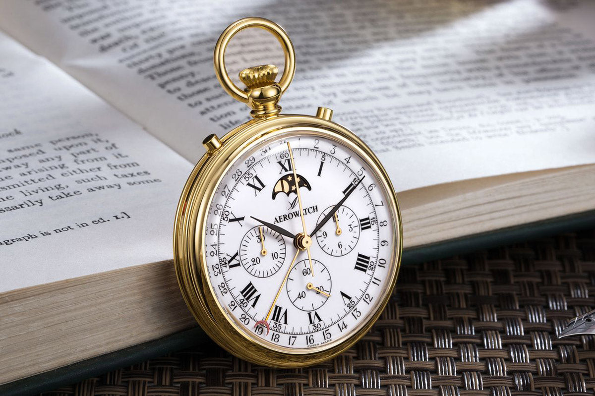 Aerowatch Lépine Mechanical swiss pocket watch 69681 J101 angled view showing gold-plated case and crown at 12 o'clock