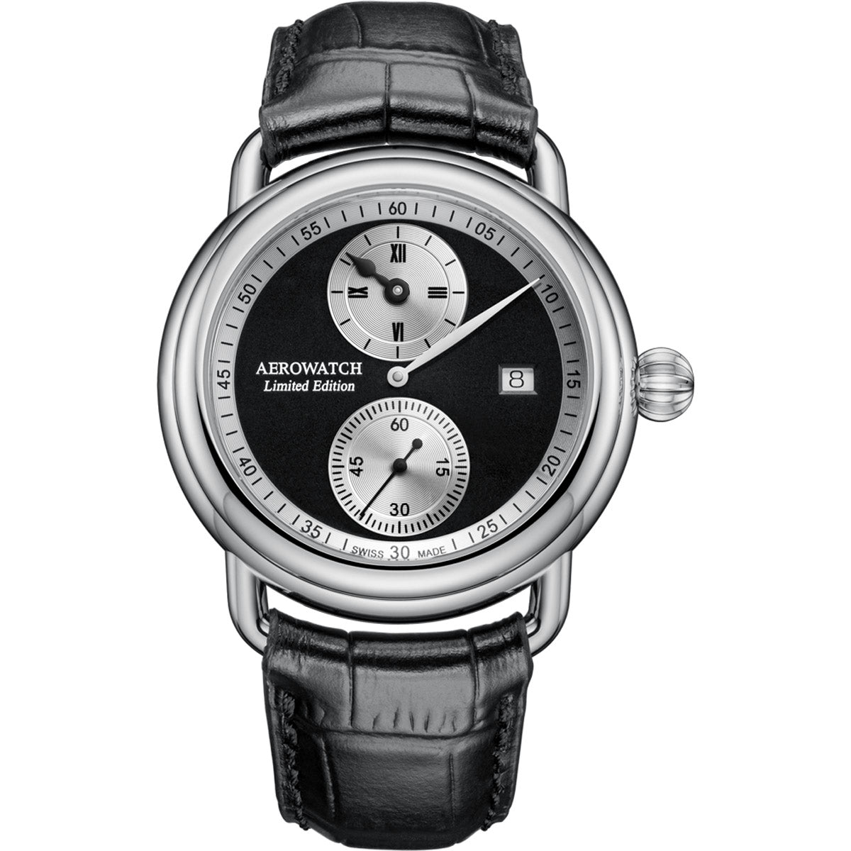 Aerowatch 1942 Regulator swiss watch A 76983 AA04 front view with regulator dial and stainless steel case
